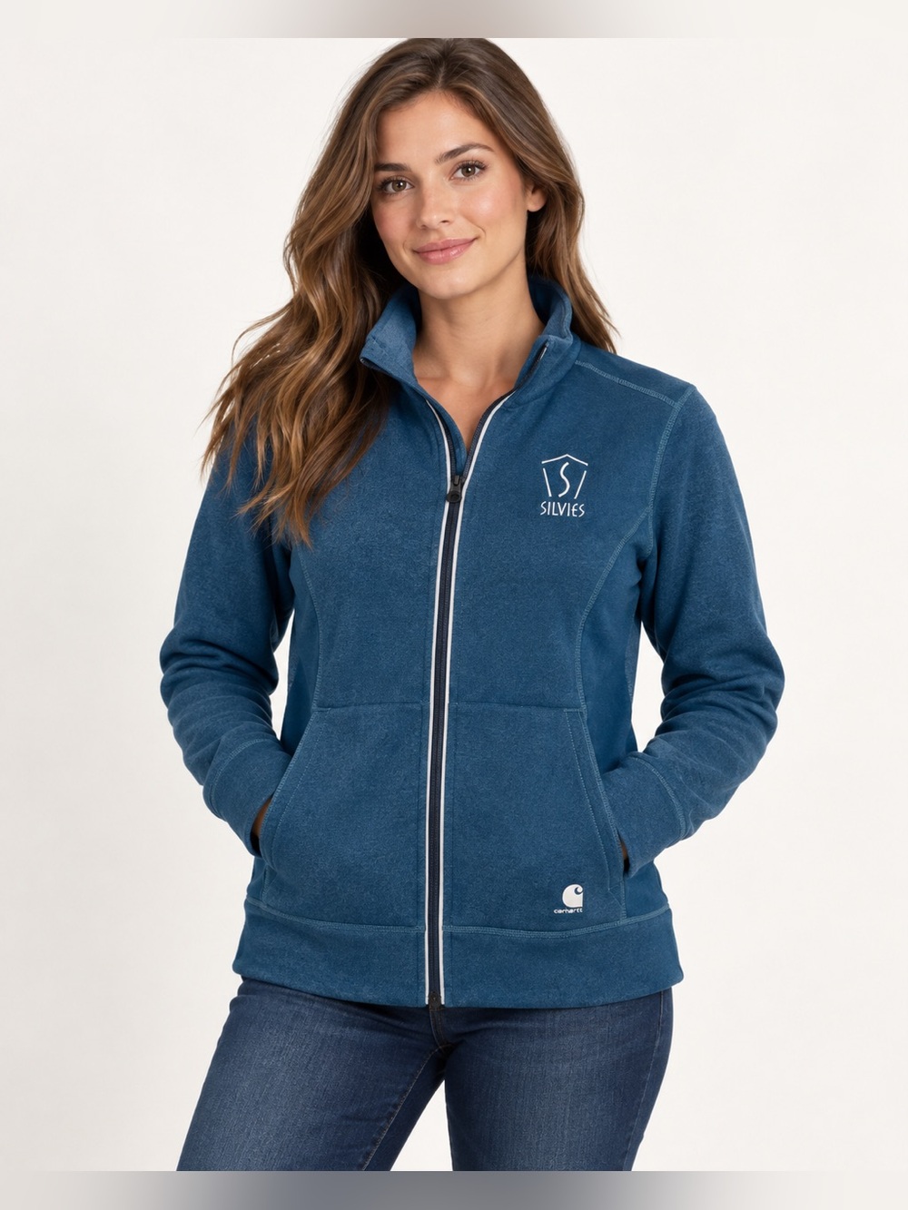 Carhartt womans fleece lined zip up jacket embroidered logo front teal blue M